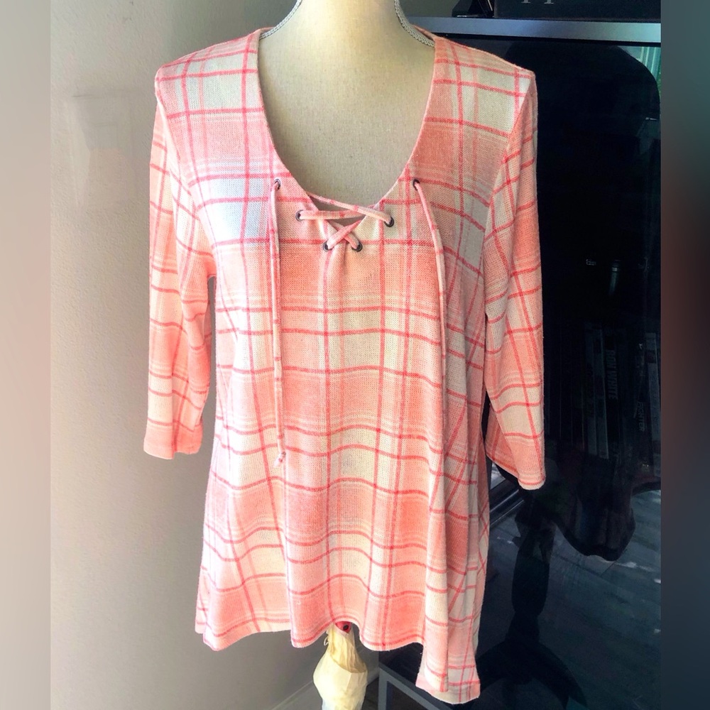 Fred David Peach Plaid Lightweight Sweater Hoodie - Large